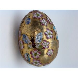 Gold Cloisonné Style Floral Egg – Embossed Enamel Decorative Collectible No Flaw